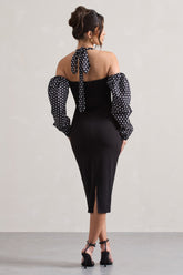 Black & White Polka Dot Halter-Neck Puff Sleeve Midi Dress